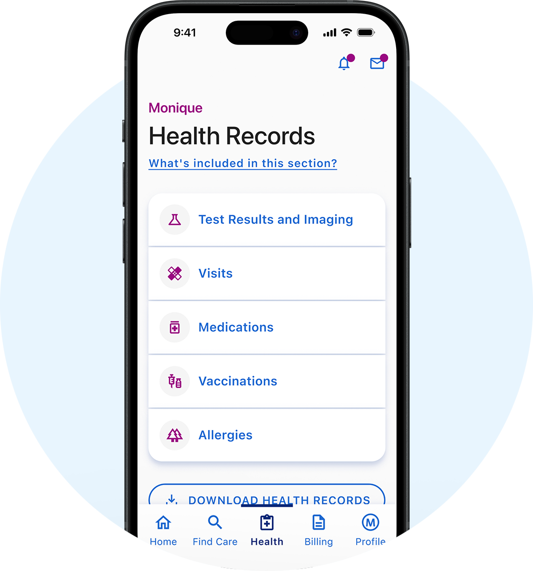 Health records in ascension one app