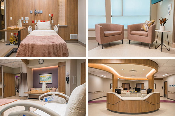 Front desk and mother's suite photos at the Specialized Delivery Unit at Dell Children's, located in Austin, Texas.