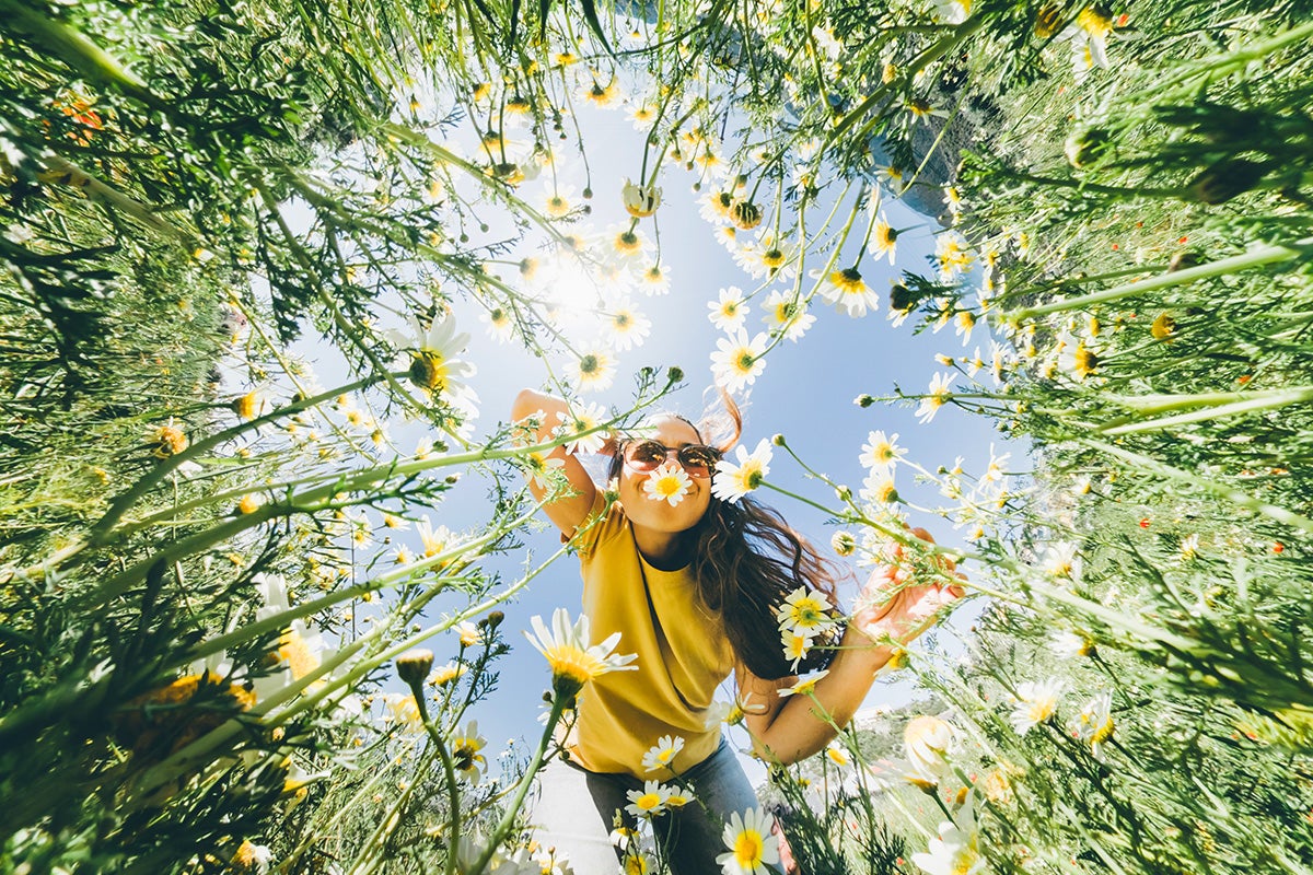 Woman in sunglasses surrounded by blooming wildflowers, enjoying sunshine and nature during summer, promoting outdoor wellness.