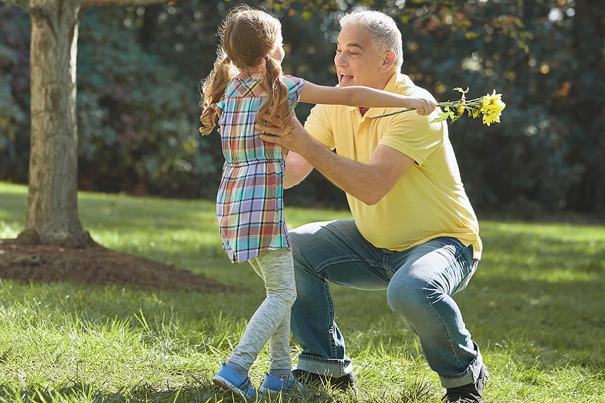 A grandfather can lift his granddaughter up for a hug after hip replacement surgery.