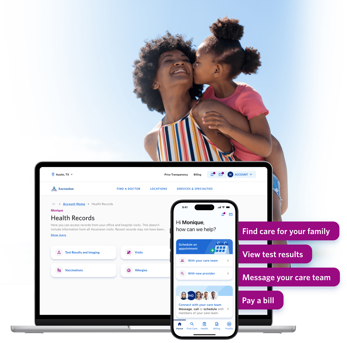 A happy family enjoying the beach with an overlay of a laptop and phone showing Ascension One features.