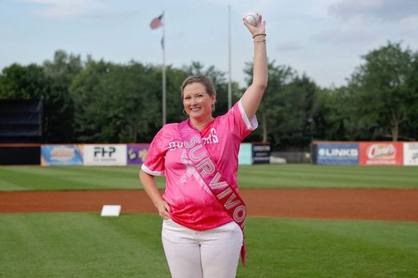 Roxanne throws the first pitch at Breast Cancer Awareness Night between the Frontier League's Schaumberg Boomers and Joliet Slammers at Wintrust Park in Schaumburg, Illinois.
