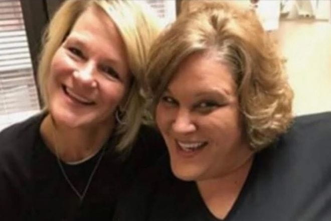 Elaine Krieg (right) was often accompanied by her sister and supporter, Kristi Litzsinger (left), when she went in for her chemotherapy treatments. 