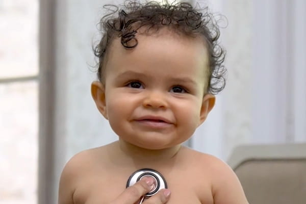 baby with stethoscope on chest