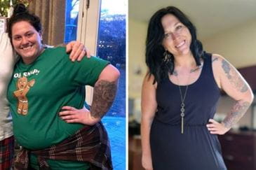 A photo showing two pictures of the same woman. The photo on the left of the woman before her 70-pound weight loss, wearing a green shirt and appearing lethargic. The right photo is a fresh-faced, confident photo of the woman in a sleeveless grey dress with a long necklace and tattoos on her arms.