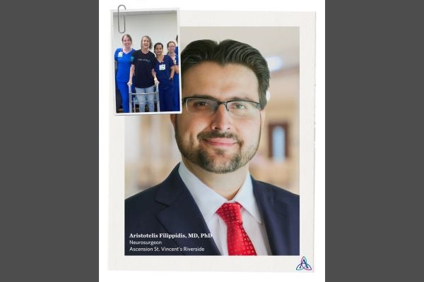 Dr. Aristotelis Filippidis, Judith, and her care team at Ascension Saint Vincent