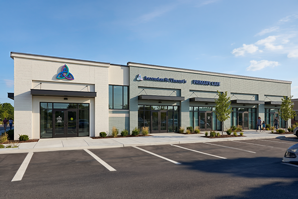 Exterior rendering of the new Ascension St. Vincent’s Primary Care clinic in Nocatee, Florida, featuring the main entrance and building signage.