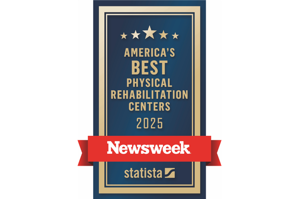 Graphic badge reading “America’s Best Physical Rehabilitation Centers 2025” with five stars at the top and the Newsweek logo across the center.