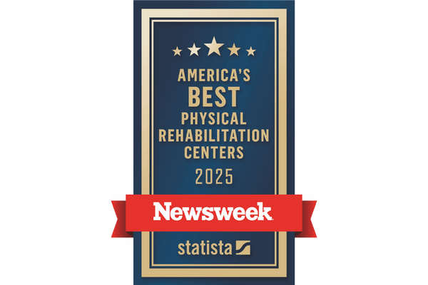 Graphic badge reading “America’s Best Physical Rehabilitation Centers 2025” with five stars at the top and the Newsweek logo across the center.