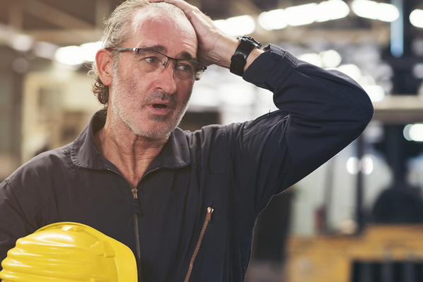 A man in a work setting holds a yellow hard hat and touches his forehead with a concerned expression.