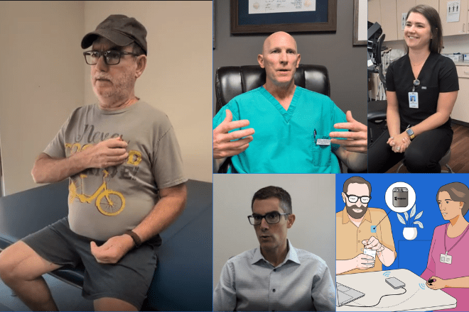 Gary Smith talks about how his Vivistim helps, with additional images of his Wichita care team: James Walker, MD, neurocritical care; Ashley Thomas, occupational therapist; and Chad Ammar, MD, vascular surgeon; and an illustration of how the system works.