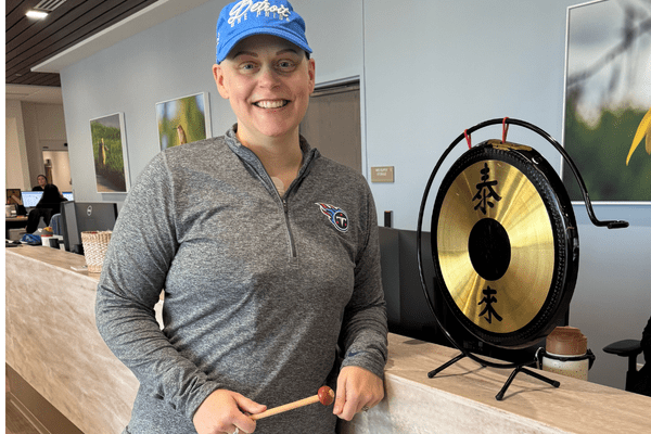 Ringing the gong to celebrate finishing active cancer treatment