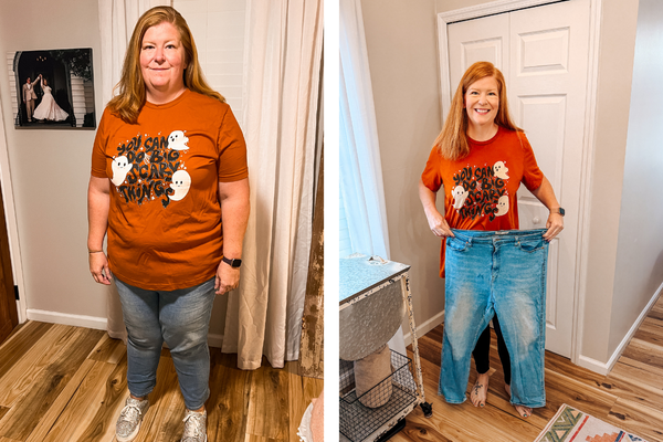 Side-by-side before and after photos of Kristi, showing her inspiring 100-pound weight loss transformation.