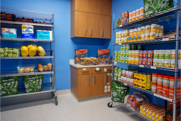 Food pantry shelves stocked. 