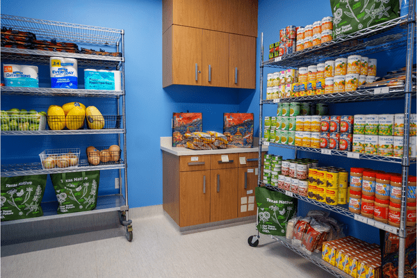 Food pantry shelves stocked.