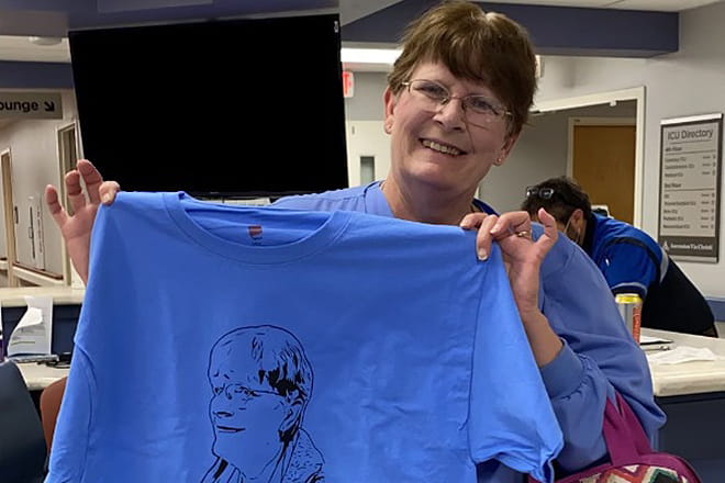 Beverly Haynes, RN, with her "I Am Bev" shirt
