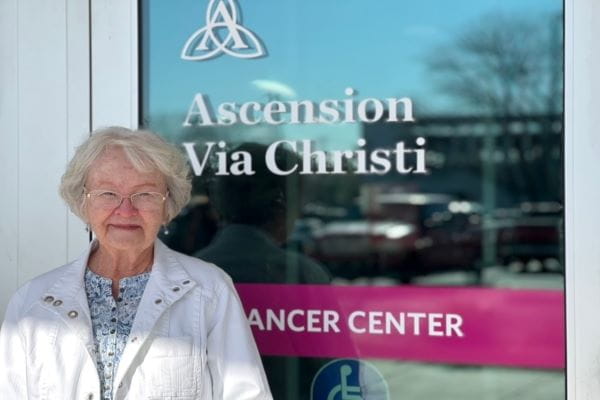 Wilma Hunt, 92-year-old patient of skin cancer, outside the Ascension Via Christi Cancer Center 