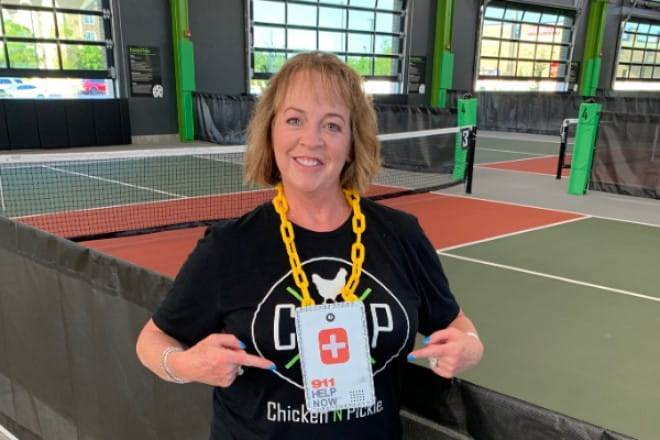 Karen on the pickleball court having recovered from stroke with the help of Ascension Via Christi.