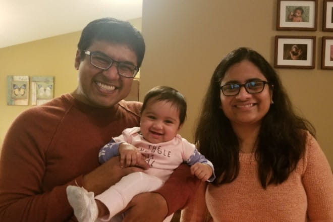 Ramya Banda and her husband, Bala Bhimavarapu, MD, a pediatric hospitalist at Ascension Via Christi St. Francis with their baby.
