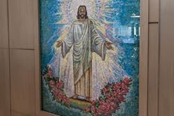 Colorful mosaic of Jesus displayed inside Ascension St. Vincent’s Emergency Care - Southside.