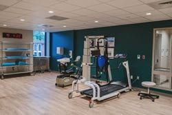 Rehabilitation gym with advanced therapy equipment, including a body-weight support treadmill and seated exercise machines for strength, balance, and mobility training.