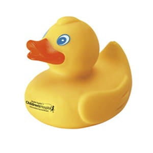 Yellow rubber duck with an orange beak and blue eye, labeled “Drowning Prevention Duck” with a Children’s Hospital logo on the side.