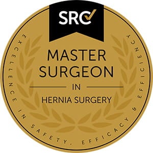 Master Surgeon in Hernia Surgery certification seal with SRC logo, circular gold badge design featuring laurel wreaths and the words “Excellence in Safety & Efficacy.”