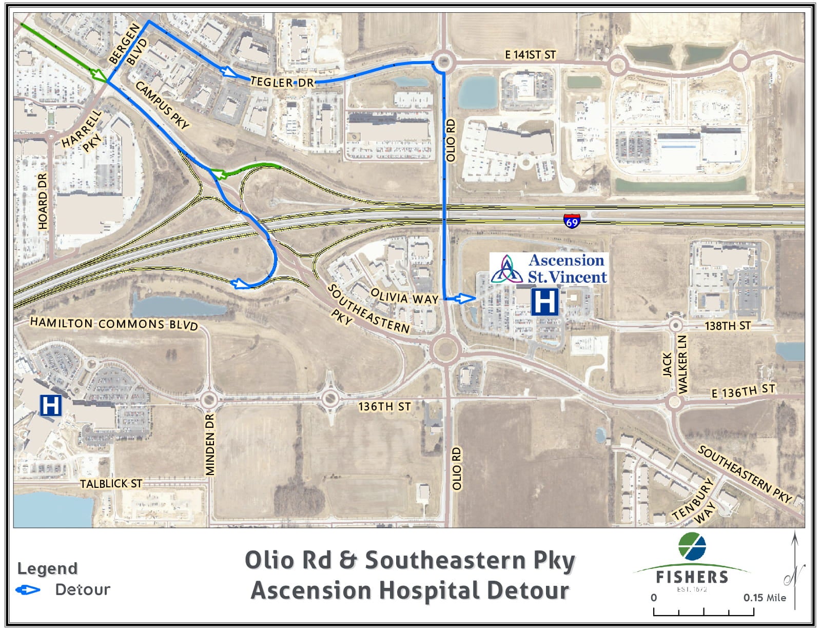 Detour map for reaching Ascension St. Vincent Fishers Hospital during the Olio Road and Southeastern Parkway roundabout reconstruction. The map shows a signed detour route using Bergen Boulevard, Tegler Drive, Olio Road, and Olivia Way to access the hospital while the Olio Road and Southeastern Parkway intersection is under construction. All hospital entrances remain open and accessible.