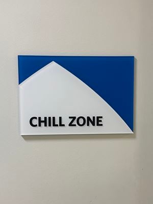 “Chill Zone” sign on a wall at Ascension Saint Agnes, identifying the dedicated private space where patients receive scalp cooling therapy to help reduce chemotherapy-related hair loss.