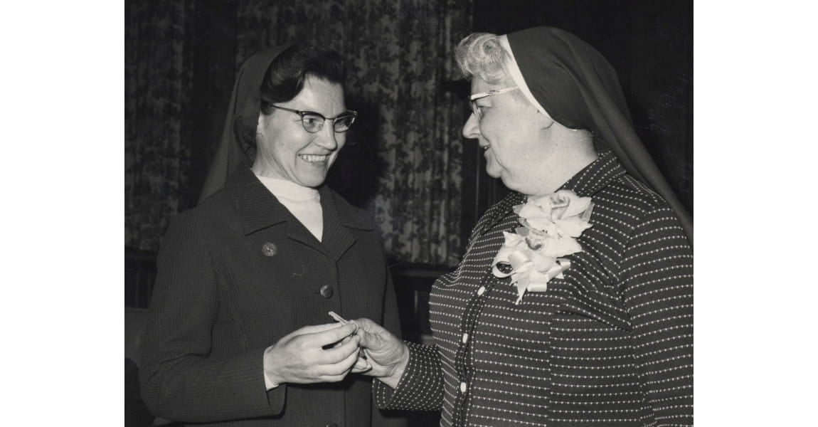 Sister Therese (left) and Sister Edith (right), two of the many sisters that were part of the Sister's of the Sorrowful Mother, 1974
