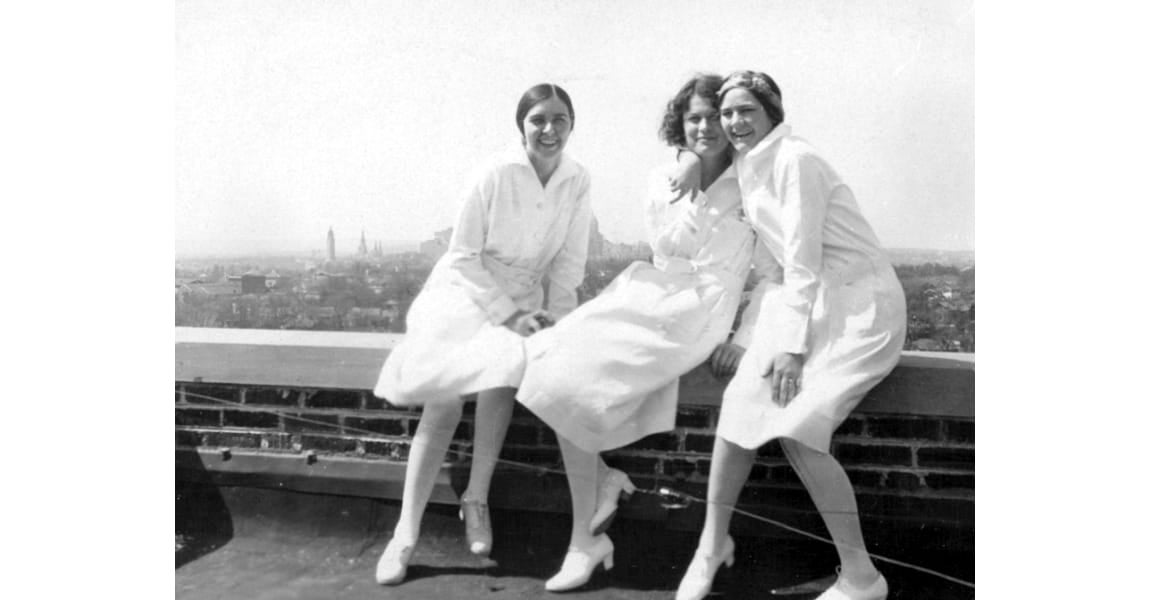 St. John Hospital nurses taking a break on the rooftop of the hospital, 1930s