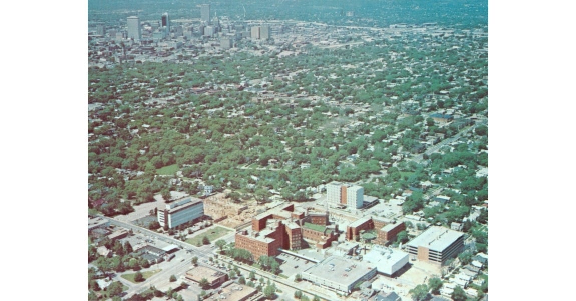 Postcard showing the St. John Hospital and Tulsa skyline, early 1970s