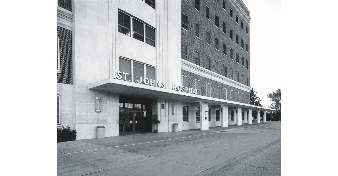 St. John Hospital entrance on 1923 S. Utica in Tulsa, Oklahoma. in 1980