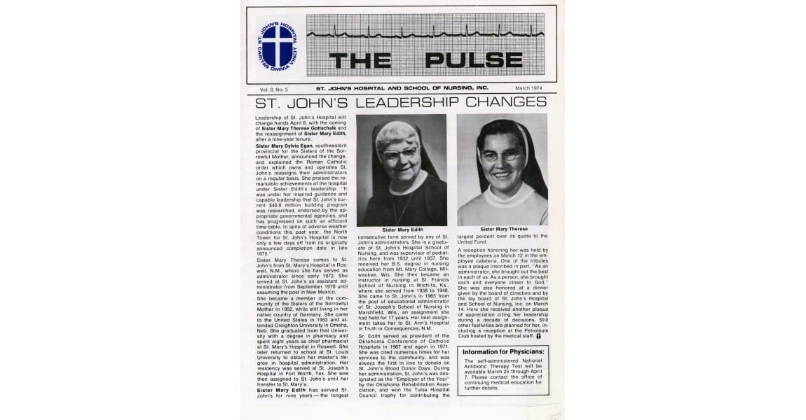 St. John Hospital monthly editorial, The Pulse, informing the change of leadership. March 1974