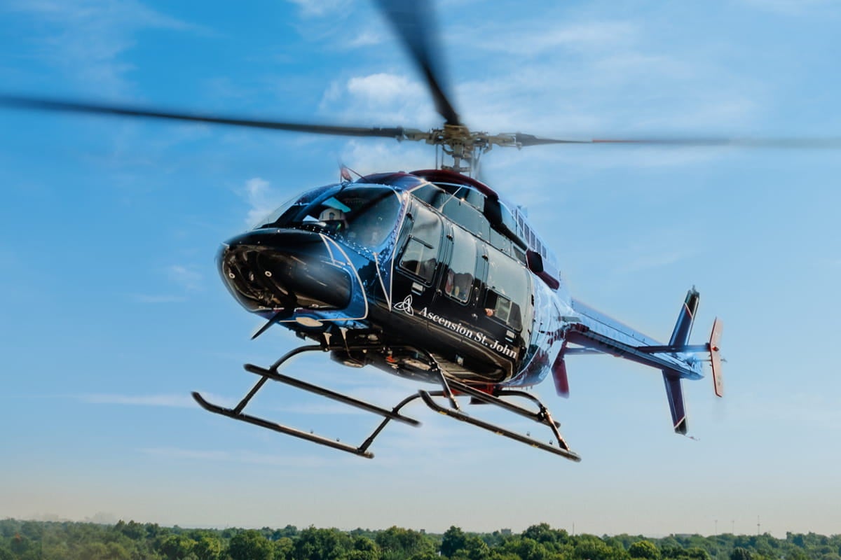 Helicopter flying. Ascension St. John gives Tulsa its first Level 1 trauma center.