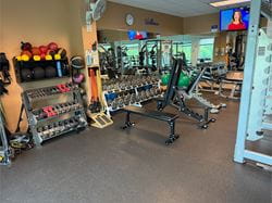 Free weight and functional training area at Ascension Saint Thomas Rutherford Wellness Center with dumbbells, exercise benches, medicine balls, and resistance bands for personalized wellness and recovery programs.
