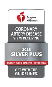 American Heart Association Get With The Guidelines Coronary Artery Disease STEMI Receiving 2026 Silver Plus Achievement Award with Target: Type 2 Diabetes Honor Roll recognition.