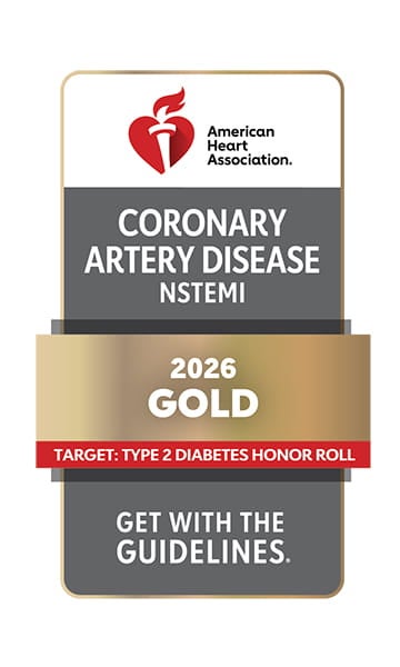 American Heart Association Get With The Guidelines Coronary Artery Disease NSTEMI 2026 Gold award badge with Target: Type 2 Diabetes Honor Roll recognition.