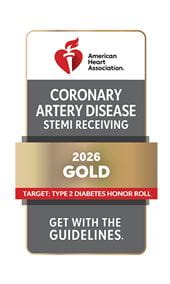 American Heart Association Get With The Guidelines Coronary Artery Disease STEMI Receiving 2026 Gold award, Target: Type 2 Diabetes Honor Roll.