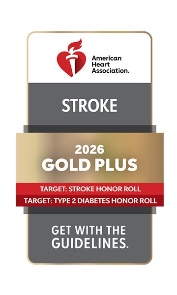 American Heart Association Get With The Guidelines Stroke 2026 Gold Plus award badge with Target: Stroke Honor Roll and Target: Type 2 Diabetes Honor Roll recognition.