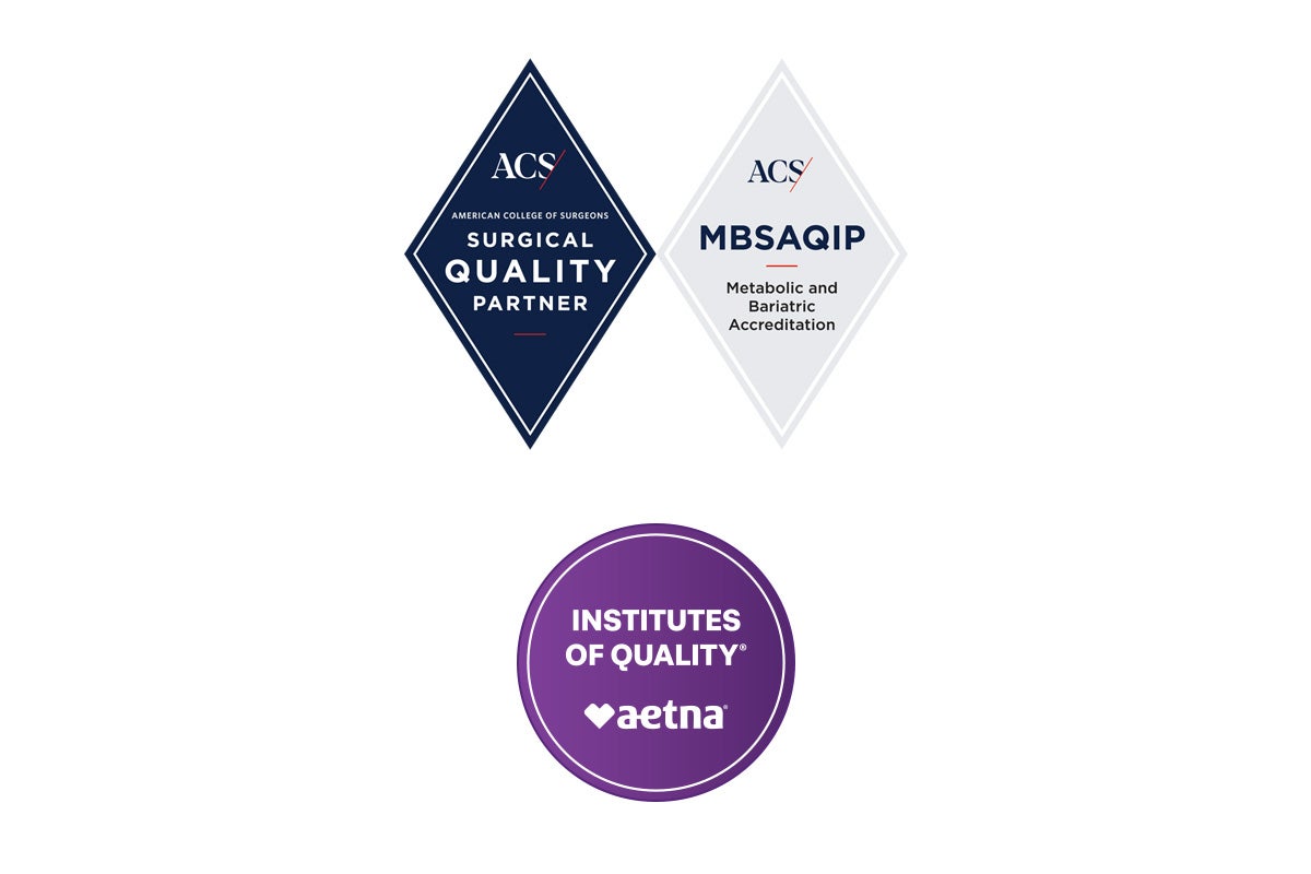 ACS Surgical Quality Partner and MBSAQIP accreditation badges with Aetna Institutes of Quality seal.