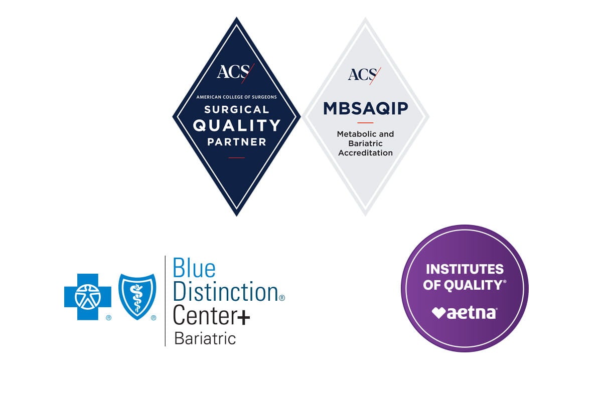 ACS Surgical Quality Partner and MBSAQIP accreditation badges with Aetna Institutes of Quality seal.