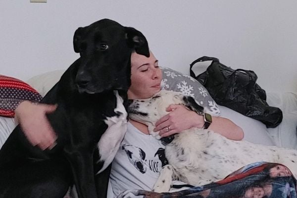 Whitney sitting with her dogs on the couch