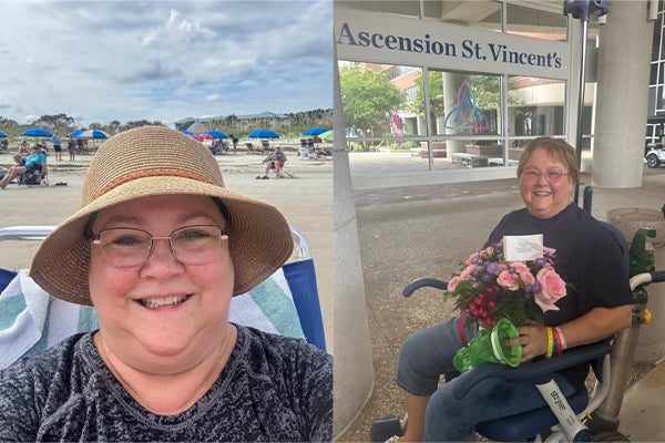 Karen, a 60-year-old brain tumor survivor, smiles in two photos—one relaxing at the beach in a sun hat and glasses, and another seated outside Ascension St. Vincent’s Riverside holding a bouquet of flowers after receiving lifesaving neurosurgical care for a large brain tumor.