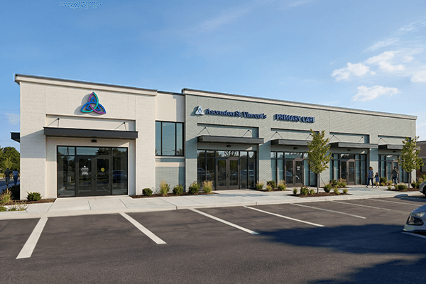 Exterior rendering of the new Ascension St. Vincent’s Primary Care clinic in Nocatee, Florida, featuring the main entrance and building signage.