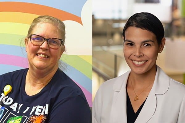At left, Cristi Hailey is the Childlife Champion in the inpatient Pediatrics units at Via Christi St. Francis; at right, Kristina Acevedo, MD, is Medical Director for Via Christi St. Francis’ Pediatric Intensive Care Unit