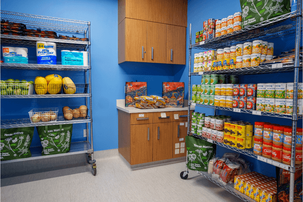 Food pantry shelves stocked.