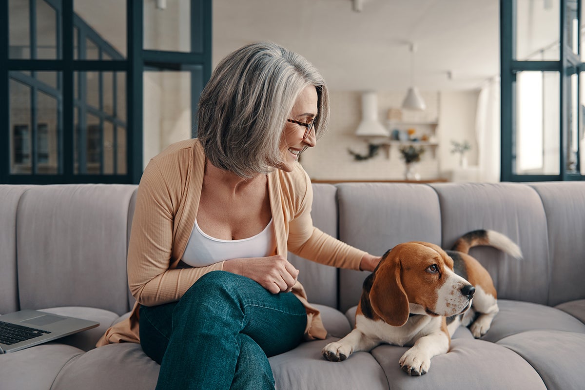 A woman spending time with her dog while sitting on the sofa at home.