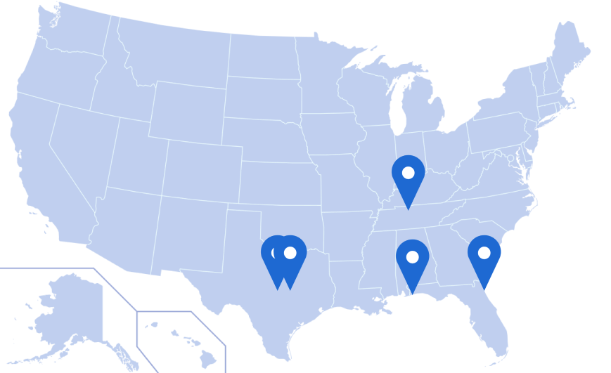US map with blue pins marking Ascension sites of care.