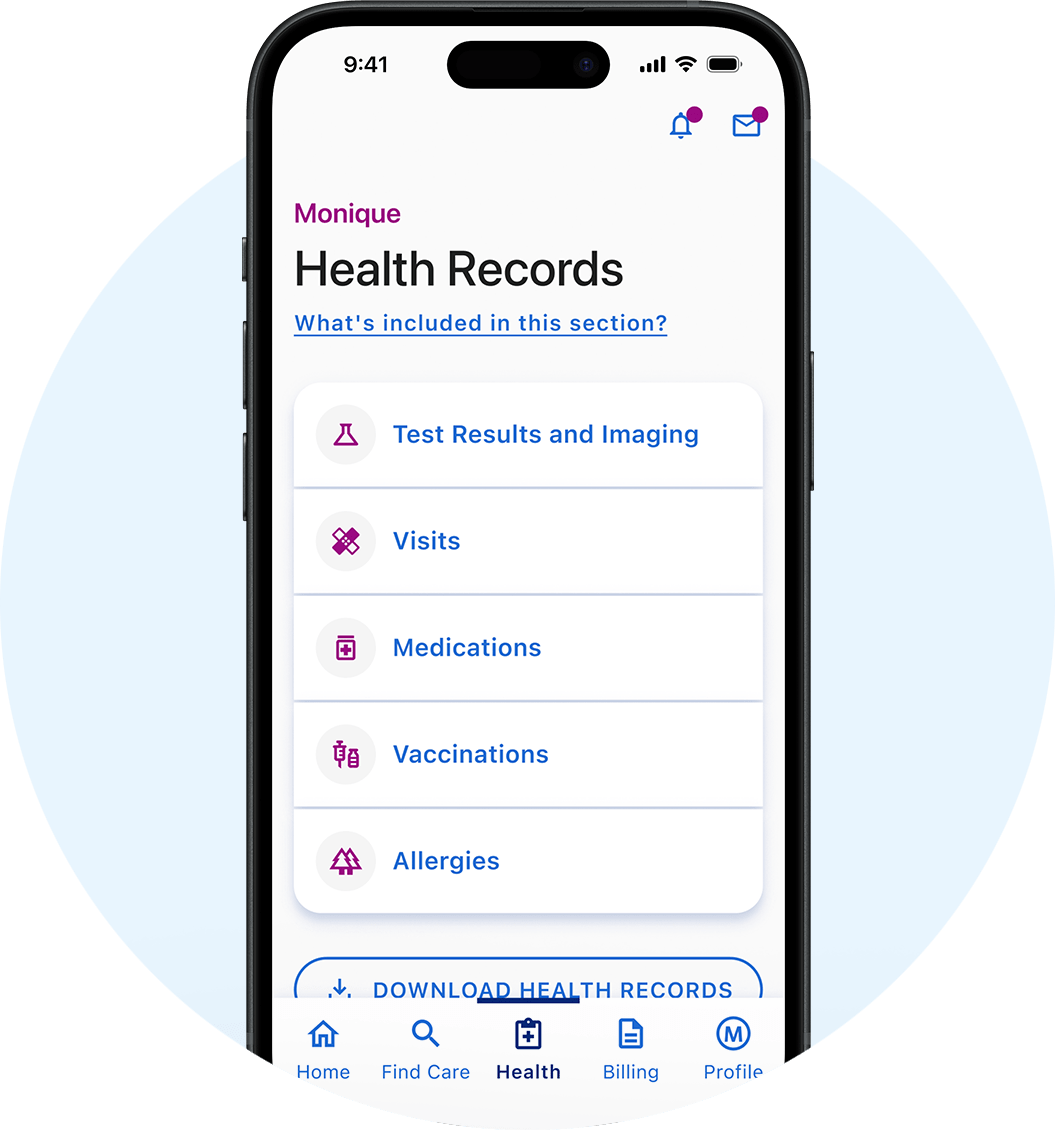 Health records in ascension one app